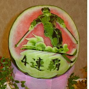 watermelon sculpture: Skier.