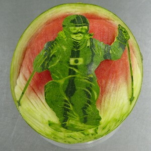 watermelon sculpture: Mogul skiing.